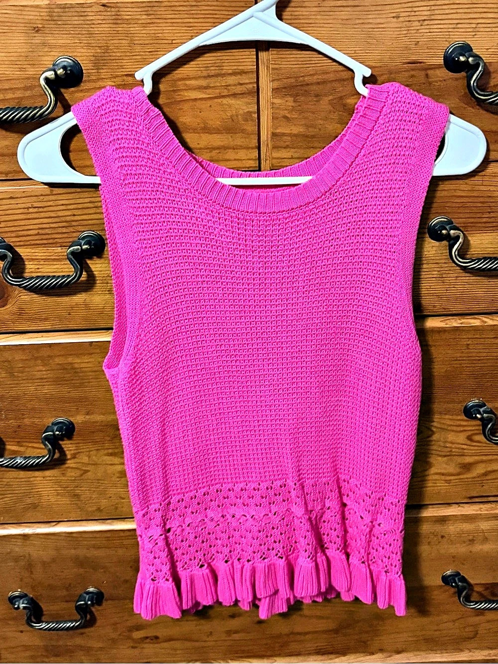 Pink Sleeveless Fringe Hem Sweater
